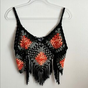 Vivid - Orange/Black/Green Crocheted Asymmetrical Cropped Hippie Top